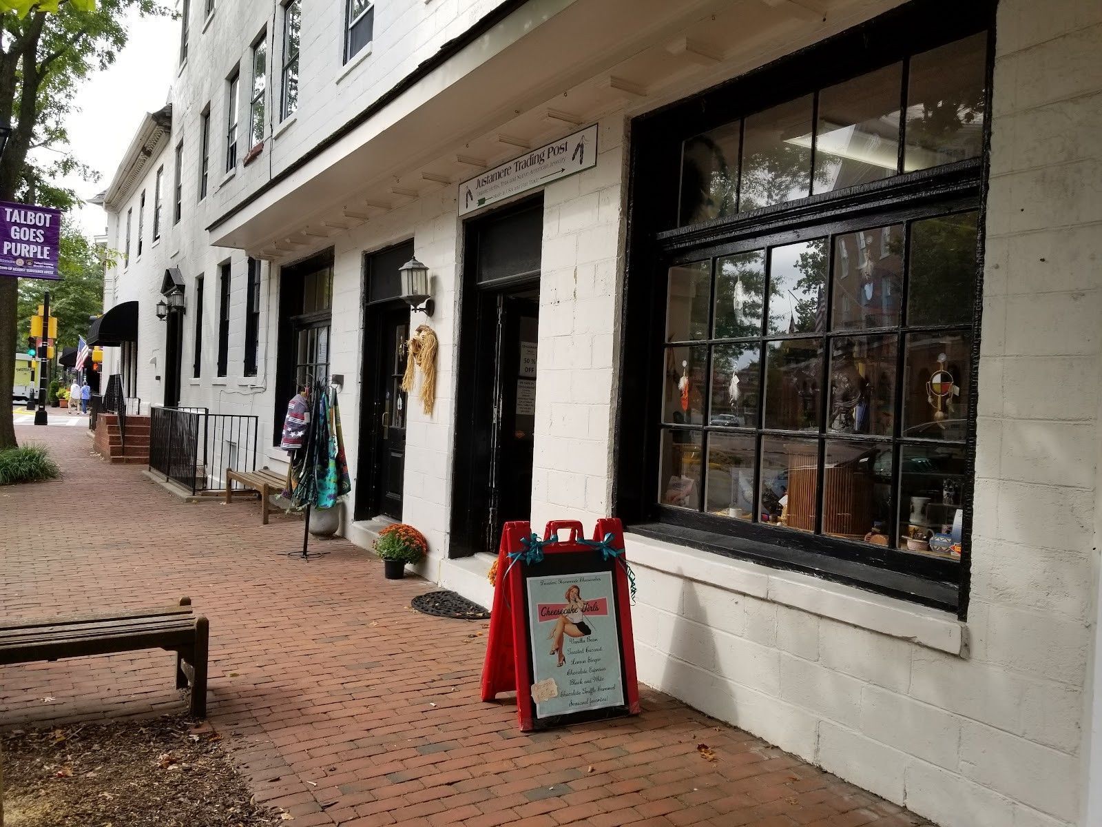 The Justamere Trading Post storefront on North Harrison Street in downtown Easton, Maryland